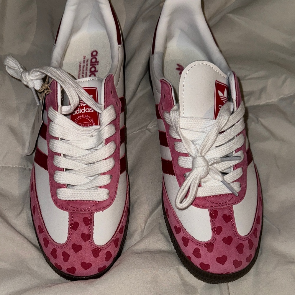 adidas Women's White and Pink Heart Accent Sneakers